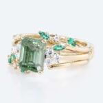 1.5ct Emerald Cut Lab Green Diamond Ring Set Garden-Themed 4-Prong Engagement Ring in Yellow Gold
