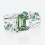 1.5ct Emerald Cut Lab Green Diamond Ring Set Garden-Themed 4-Prong Engagement Ring in White Gold