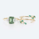1.5ct Emerald Cut Lab Green Diamond Ring Set Garden-Themed 4-Prong Engagement Ring in Yellow Gold