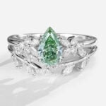 Pear Cut Lab Green Diamond Ring​ Set 1.5ct Petal Cluster Bridal Ring Set in White Gold