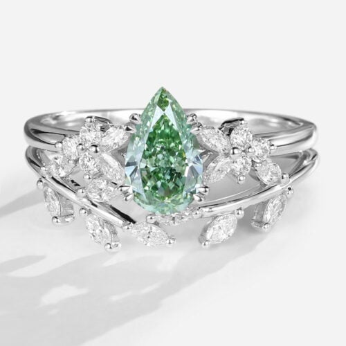 Pear Cut Lab Green Diamond Ring​ Set 1.5ct Petal Cluster Bridal Ring Set in White Gold