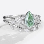 Pear Cut Lab Green Diamond Ring​ Set 1.5ct Petal Cluster Bridal Ring Set in White Gold