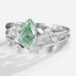 Pear Cut Lab Green Diamond Ring​ Set 1.5ct Petal Cluster Bridal Ring Set in White Gold