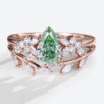 Pear Cut Lab Green Diamond Ring​ Set 1.5ct Petal Cluster Bridal Ring Set in Rose Gold