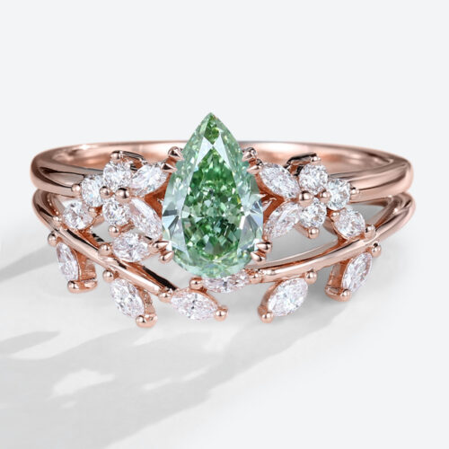 Pear Cut Lab Green Diamond Ring​ Set 1.5ct Petal Cluster Bridal Ring Set in Rose Gold