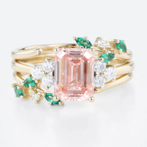 Emerald Cut Diamond and Pink Engagement Ring Set 1.5ct Leaf Vine 4-Prong Engagement Ring in Yellow Gold