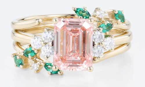 Emerald Cut Diamond and Pink Engagement Ring Set 1.5ct Leaf Vine 4-Prong Engagement Ring in Yellow Gold