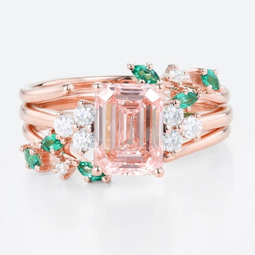 Emerald Cut Diamond and Pink Engagement Ring Set 1.5ct Leaf Vine 4-Prong Engagement Ring in Rose Gold
