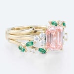 Emerald Cut Diamond and Pink Engagement Ring Set 1.5ct Leaf Vine 4-Prong Engagement Ring in Yellow Gold