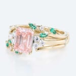 Emerald Cut Diamond and Pink Engagement Ring Set 1.5ct Leaf Vine 4-Prong Engagement Ring in Yellow Gold