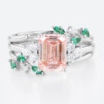 Emerald Cut Diamond and Pink Engagement Ring Set 1.5ct Leaf Vine 4-Prong Engagement Ring in White Gold