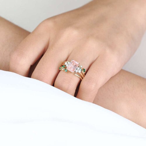 Emerald Cut Diamond and Pink Engagement Ring Set 1.5ct Leaf Vine 4-Prong Engagement Ring in Yellow Gold