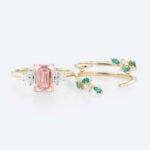 Emerald Cut Diamond and Pink Engagement Ring Set 1.5ct Leaf Vine 4-Prong Engagement Ring in Yellow Gold