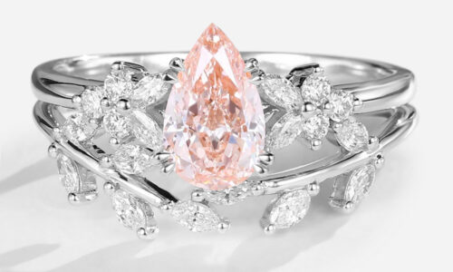 Pear Cut Lab Pink Diamond Ring​ Set 1.5ct Nature-Inspired Rings​ in White Gold