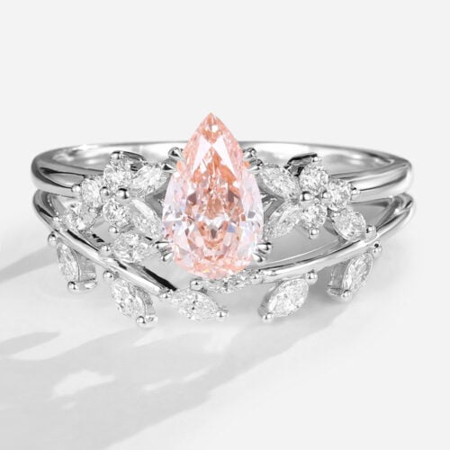 Pear Cut Lab Pink Diamond Ring​ Set 1.5ct Nature-Inspired Rings​ in White Gold