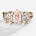 Pear Cut Lab Pink Diamond Ring​ Set 1.5ct Nature-Inspired Rings​ in Yellow Gold