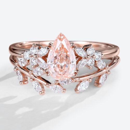 Pear Cut Lab Pink Diamond Ring​ Set 1.5ct Nature-Inspired Rings​ in Rose Gold