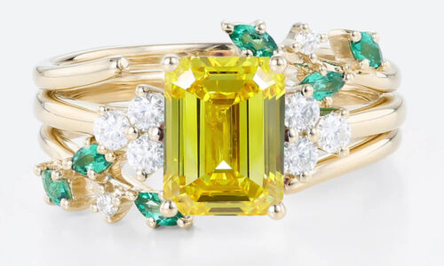 1.5ct Emerald Cut Yellow Diamond Ring Sets Nature-inspired 4-Prong Engagement Ring Set in Yellow Gold