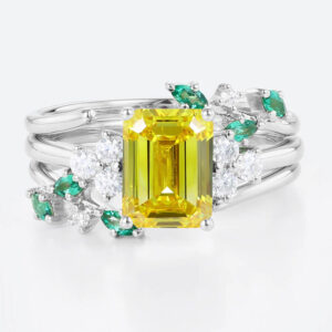 1.5ct Emerald Cut Yellow Diamond Ring Sets Nature-inspired 4-Prong Engagement Ring Set in White Gold