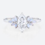 1ct Marquise Lab Created Diamond Rings​ with Floral Opal Side Stone Engagement Ring in White Gold
