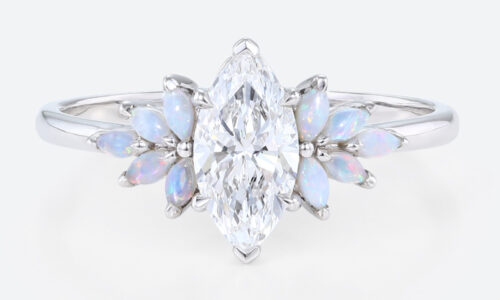 1ct Marquise Lab Created Diamond Rings​ with Floral Opal Side Stone Engagement Ring in White Gold