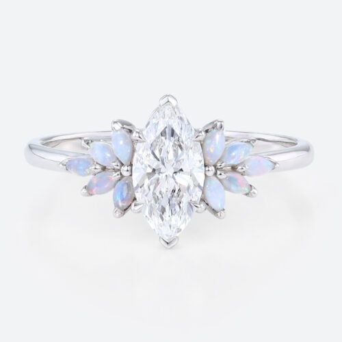 1ct Marquise Lab Created Diamond Rings​ with Floral Opal Side Stone Engagement Ring in White Gold
