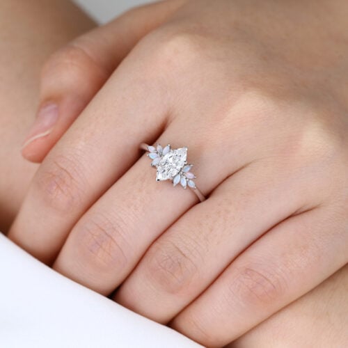 1ct Marquise Lab Created Diamond Rings​ with Floral Opal Side Stone Engagement Ring in White Gold