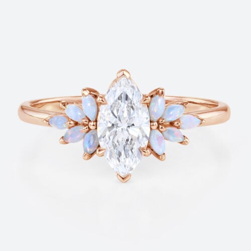 1ct Marquise Lab Created Diamond Rings​ with Floral Opal Side Stone Engagement Ring in Rose Gold