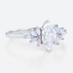 1ct Marquise Lab Created Diamond Rings​ with Floral Opal Side Stone Engagement Ring in White Gold