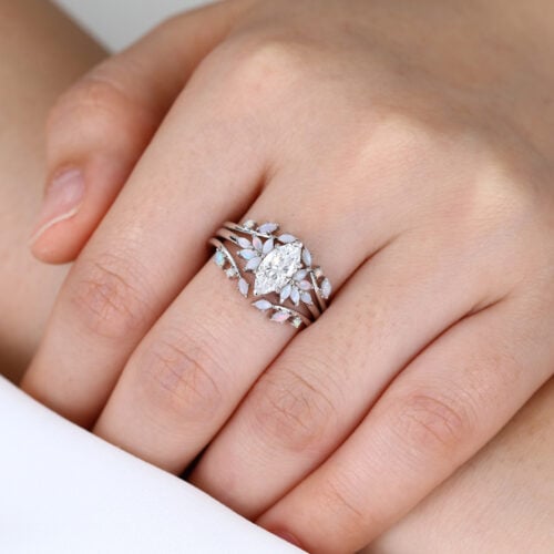 1ct Marquise Cut Lab Diamond Rings​ Set with Opal Cluster Enhancer Bands in White Gold