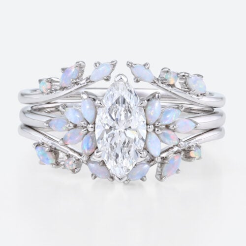 1ct Marquise Cut Lab Diamond Rings​ Set with Opal Cluster Enhancer Bands in White Gold
