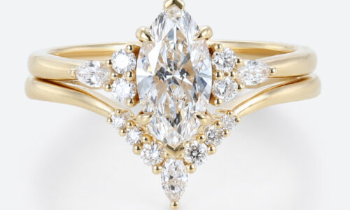 1ct Lab Grown Diamond Ring Set Marquise Cut Vintage 6-Prong Rings in Yellow Gold