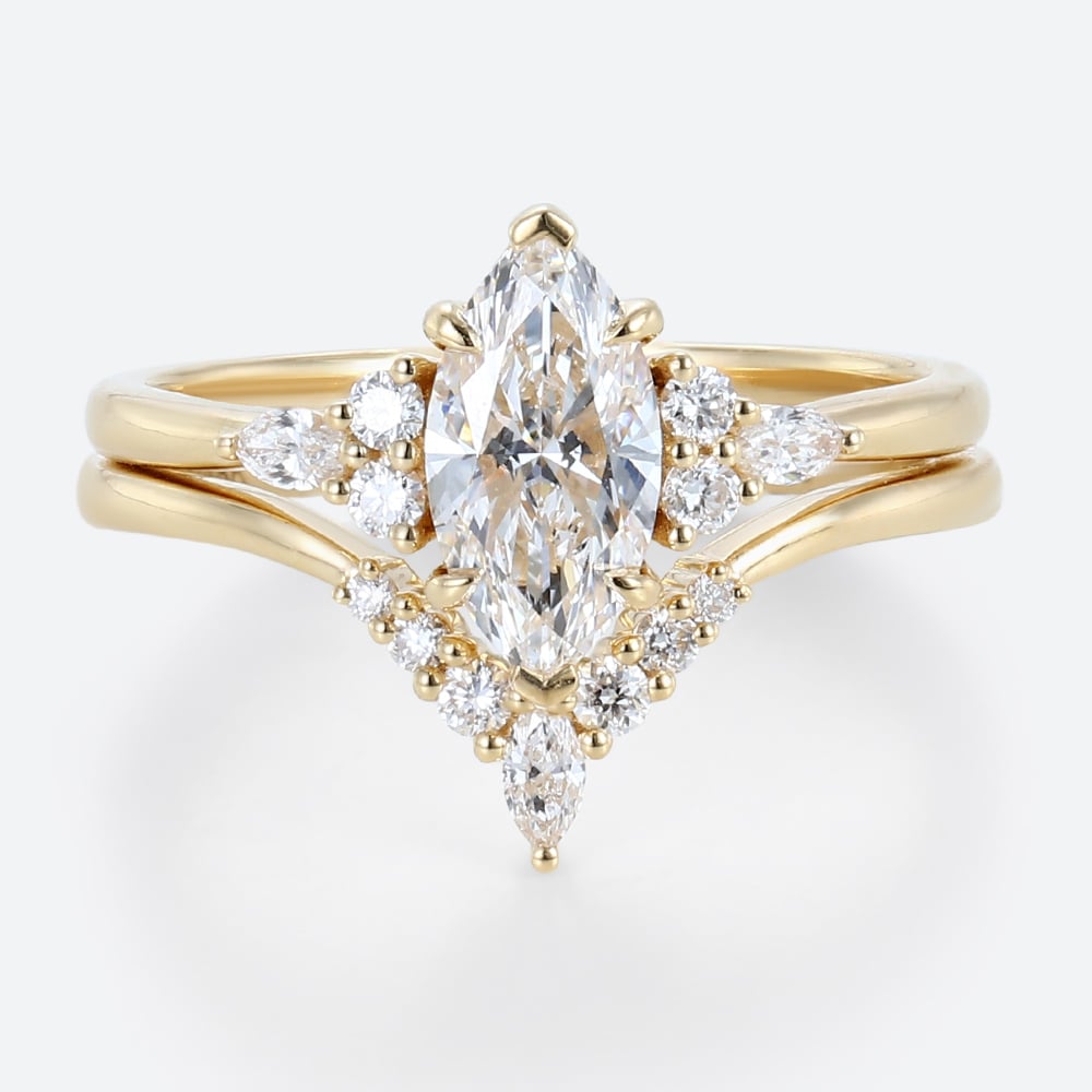 1ct Lab Grown Diamond Ring Set Marquise Cut Vintage 6-Prong Rings in Yellow Gold