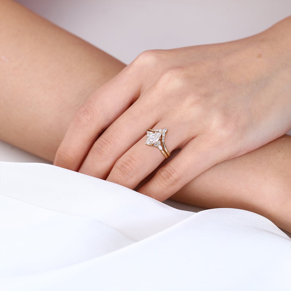 1ct Lab Grown Diamond Ring Set Marquise Cut Vintage 6-Prong Rings in Yellow Gold