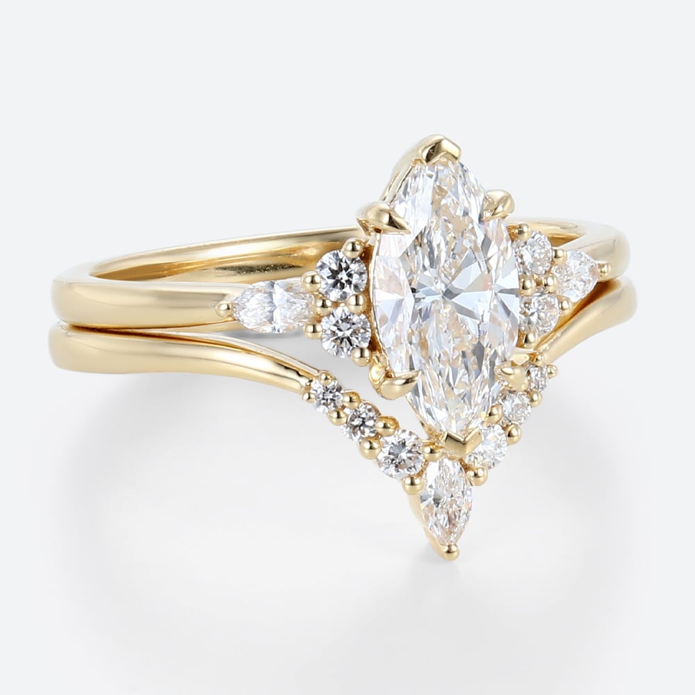 1ct Lab Grown Diamond Ring Set Marquise Cut Vintage 6-Prong Rings in Yellow Gold