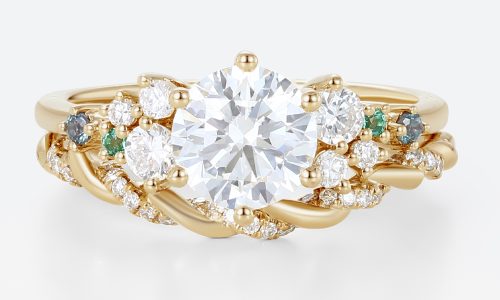 1ct Round Cut Lab Diamond Rings Set Celestial Design Engagement Ring in Yellow Gold