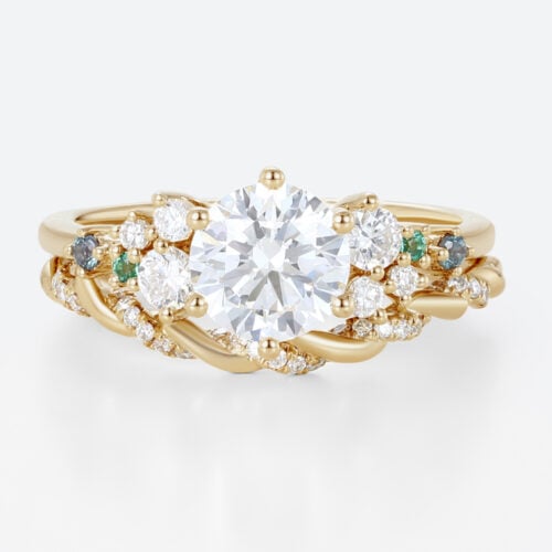 1ct Round Cut Lab Diamond Rings Set Celestial Design Engagement Ring in Yellow Gold