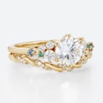1ct Round Cut Lab Diamond Rings Set Celestial Design Engagement Ring in Yellow Gold