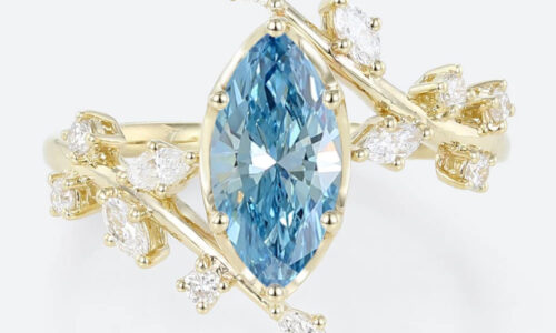 1ct Fancy Blue Diamond Ring​ Marquise Cut Lab Diamond Leaf-Inspired 6-Prong Engagement Ring in Yellow Gold