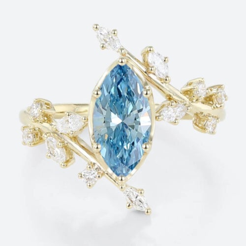 1ct Fancy Blue Diamond Ring​ Marquise Cut Lab Diamond Leaf-Inspired 6-Prong Engagement Ring in Yellow Gold