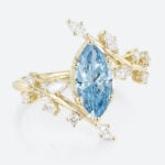 1ct Fancy Blue Diamond Ring​ Marquise Cut Lab Diamond Leaf-Inspired 6-Prong Engagement Ring in Yellow Gold