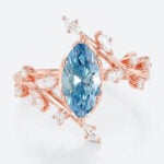 1ct Fancy Blue Diamond Ring​ Marquise Cut Lab Diamond Leaf-Inspired 6-Prong Engagement Ring in Rose Gold