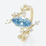 1ct Fancy Blue Diamond Ring​ Marquise Cut Lab Diamond Leaf-Inspired 6-Prong Engagement Ring in Yellow Gold