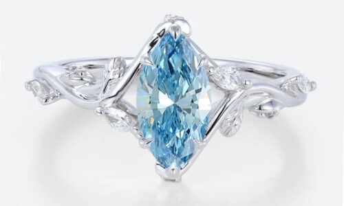 1ct Marquise Cut Lab Blue Diamond Rings Leaf Vine 6 Claw Prong Engagement Ring in White Gold