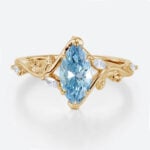 1ct Marquise Cut Lab Blue Diamond Rings Leaf Vine 6 Claw Prong Engagement Ring in Yellow Gold