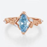 1ct Marquise Cut Lab Blue Diamond Rings Leaf Vine 6 Claw Prong Engagement Ring in Rose Gold