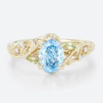 1ct Oval Cut Lab Blue Diamond Ring​ Enchanted Forest 4 Claw Bridal Ring in Yellow Gold