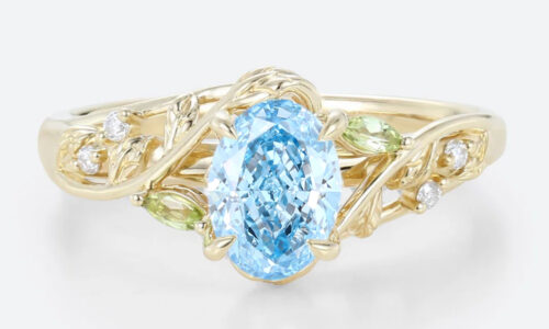 1ct Oval Cut Lab Blue Diamond Ring​ Enchanted Forest 4 Claw Bridal Ring in Yellow Gold