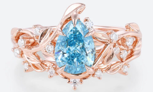 1ct Pear Shaped Lab Blue Diamond Engagement Ring Garden-Themed 5 Claw Prong Engagement Ring Set in Rose Gold
