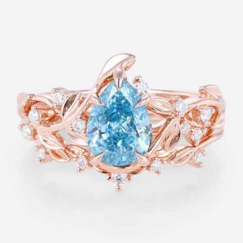 1ct Pear Shaped Lab Blue Diamond Engagement Ring Garden-Themed 5 Claw Prong Engagement Ring Set in Rose Gold